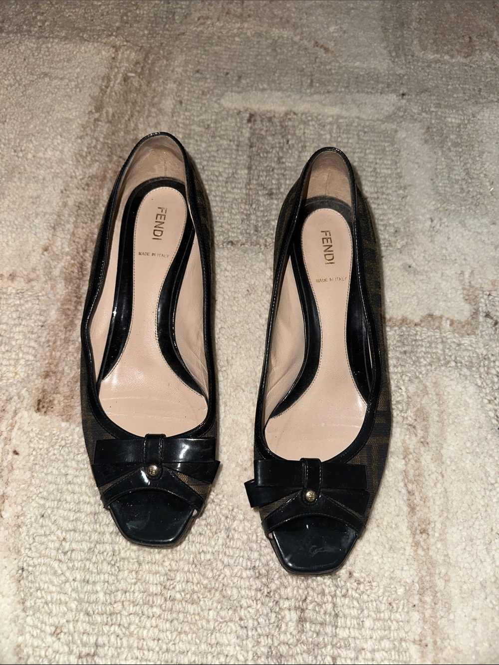 Fendi Zucca Print Black Patent Leather Peep-Toe Flats with Bow